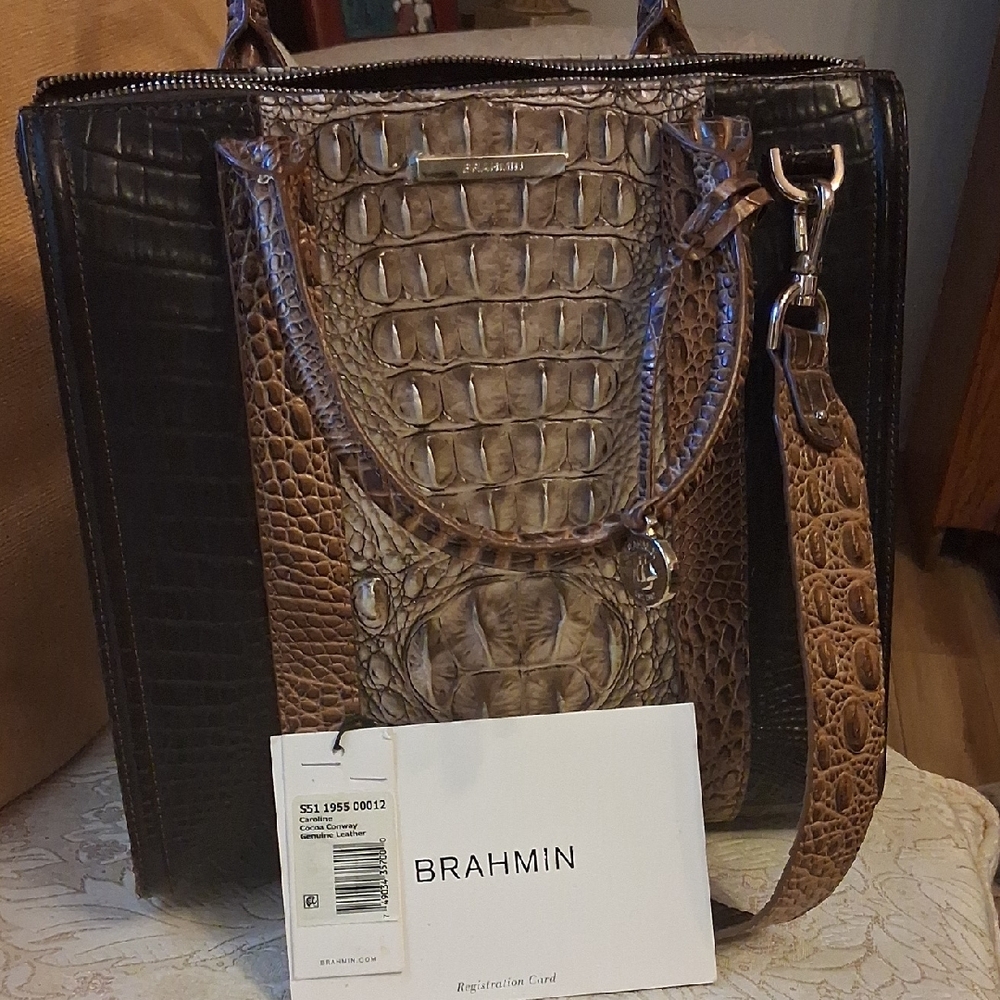 Brahmin Croc-Embossed Leather Tote in Brown and Black